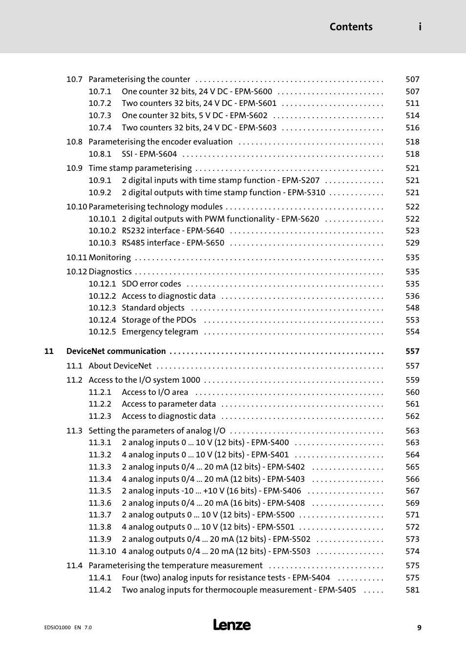 Contents i | Lenze I/O system 1000 System Manual User Manual | Page 9 / 744