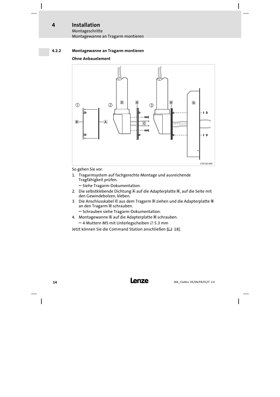 Montagewanne an tragarm montieren, Installation | Lenze CS9800 Mounting Instructions User Manual | Page 14 / 89