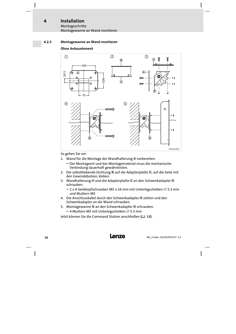 Montagewanne an wand montieren, Installation | Lenze CS9800 Mounting Instructions User Manual | Page 16 / 89