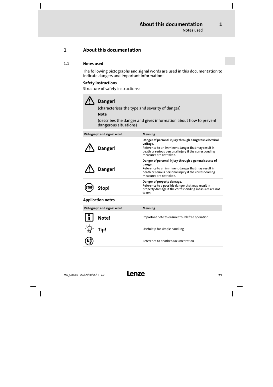 About this documentation, Notes used | Lenze CS9800 Mounting Instructions User Manual | Page 21 / 89