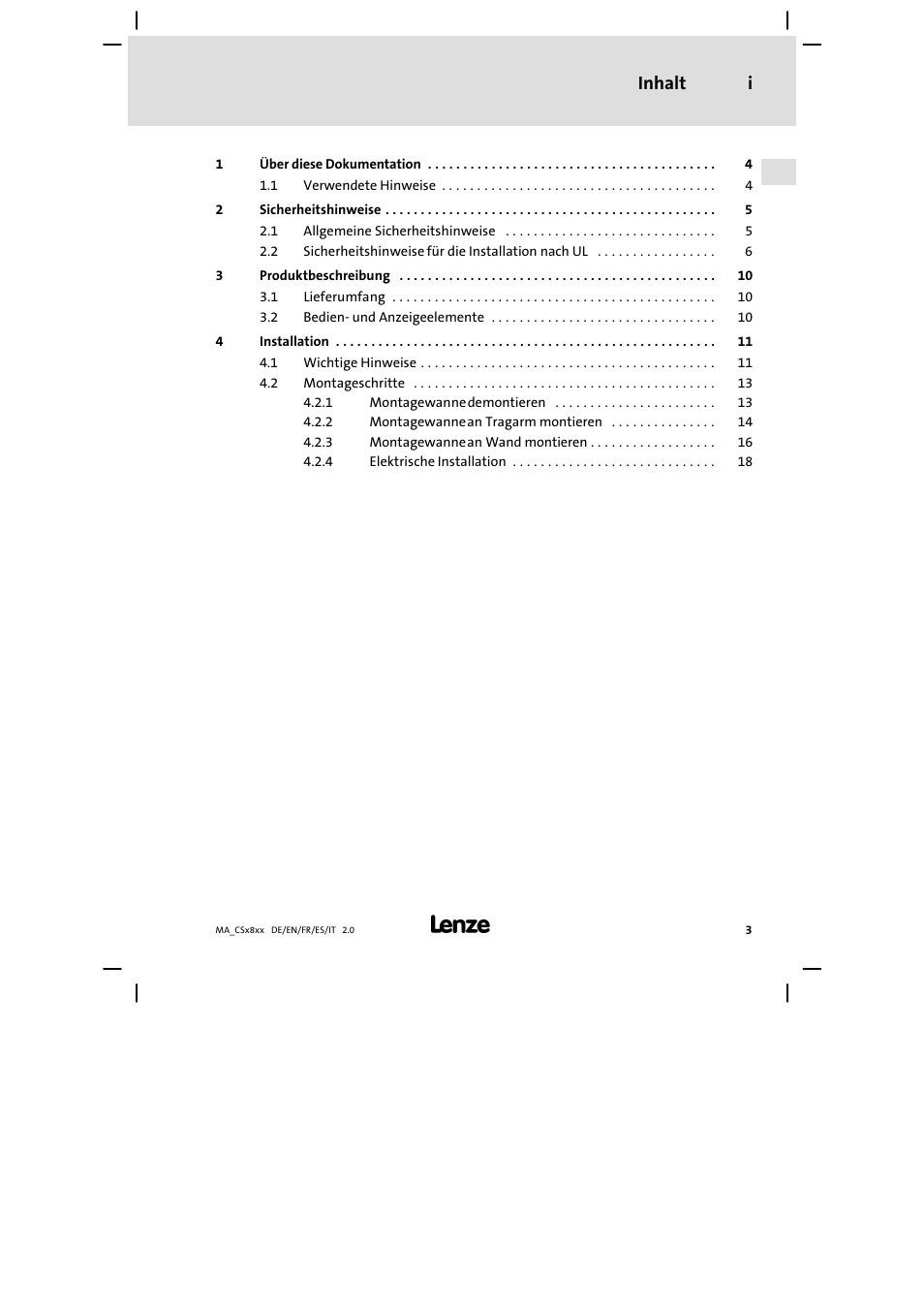 Inhalt, Inhalt i | Lenze CS9800 Mounting Instructions User Manual | Page 3 / 89