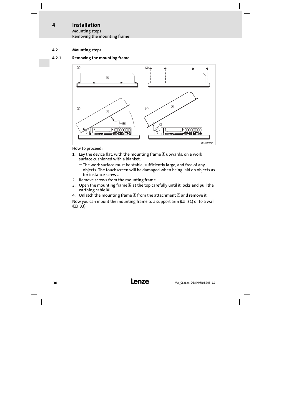 Mounting steps, Removing the mounting frame, Installation | Lenze CS9800 Mounting Instructions User Manual | Page 30 / 89
