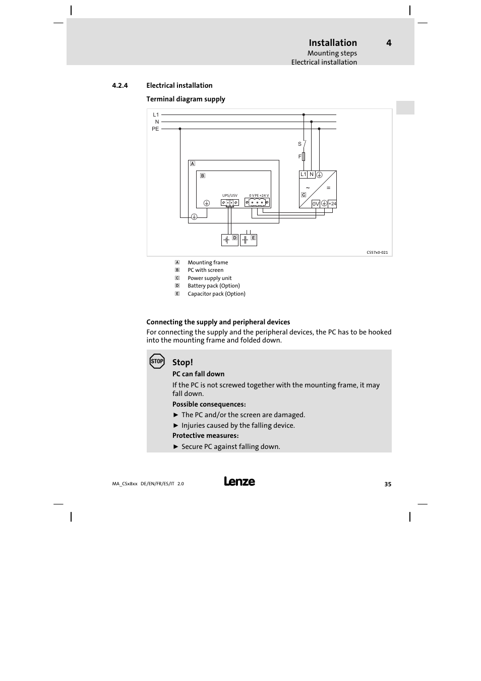Electrical installation, Installation, Stop | Lenze CS9800 Mounting Instructions User Manual | Page 35 / 89
