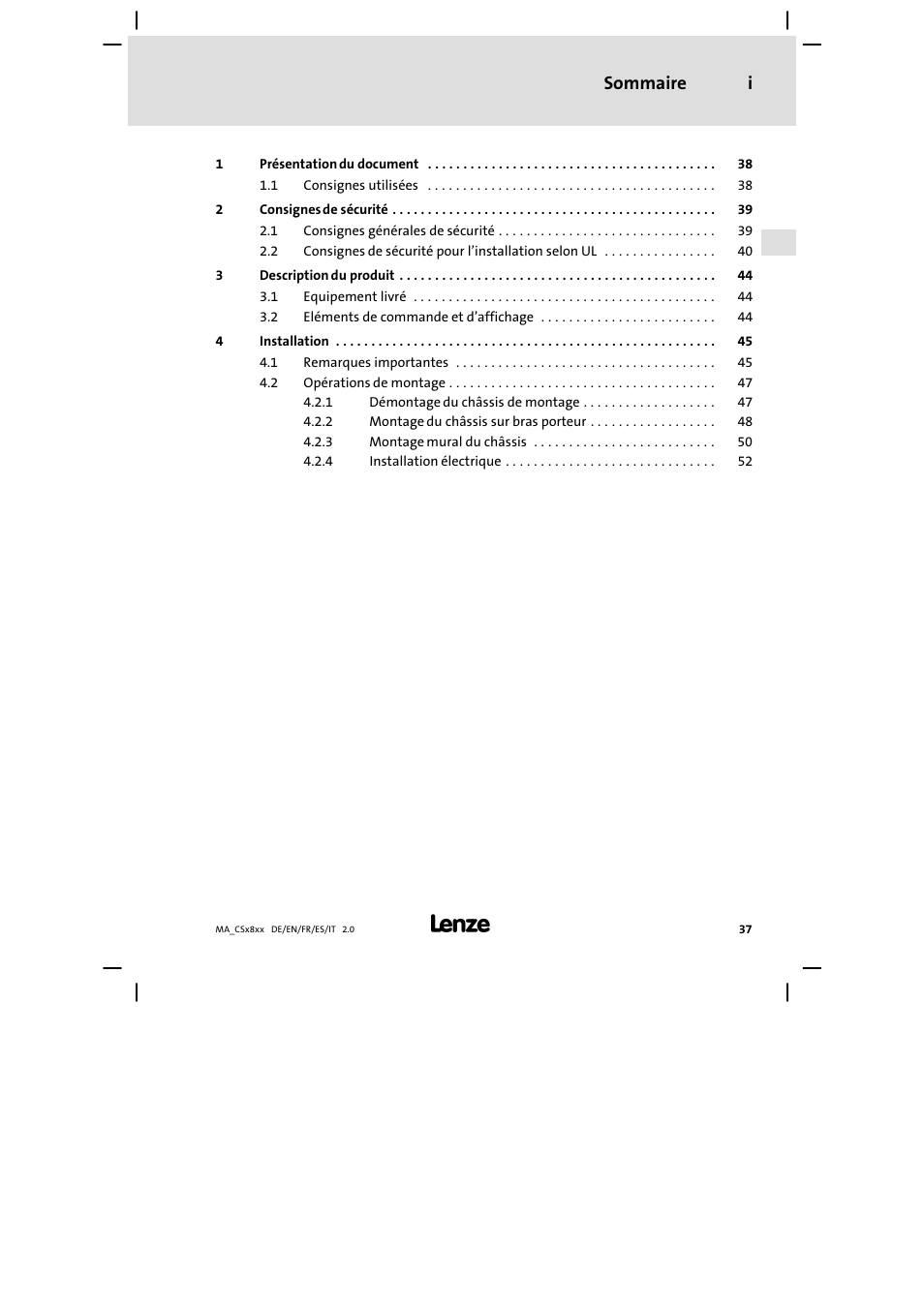 Sommaire, Sommaire i | Lenze CS9800 Mounting Instructions User Manual | Page 37 / 89