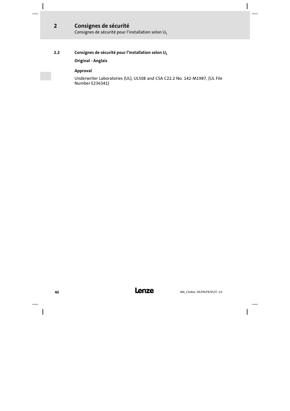 Consignes de sécurité pour l'installation selon ul, Consignes de sécurité pour l’installation selon ul, Consignes de sécurité | Lenze CS9800 Mounting Instructions User Manual | Page 40 / 89