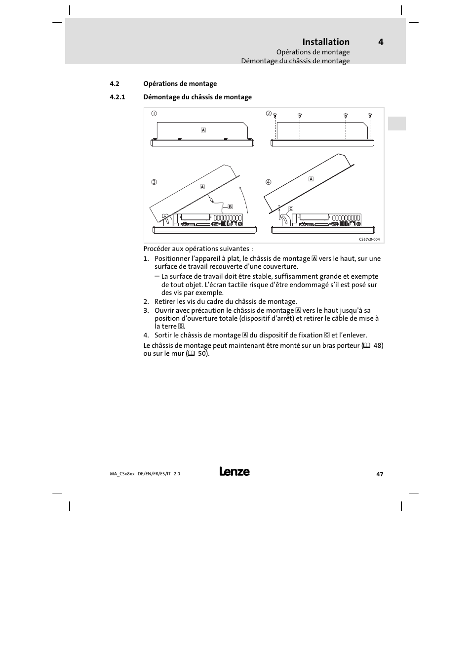 Opérations de montage, Démontage du châssis de montage, Installation | Lenze CS9800 Mounting Instructions User Manual | Page 47 / 89