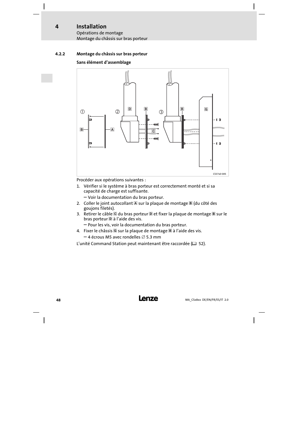 Montage du châssis sur bras porteur, Installation | Lenze CS9800 Mounting Instructions User Manual | Page 48 / 89
