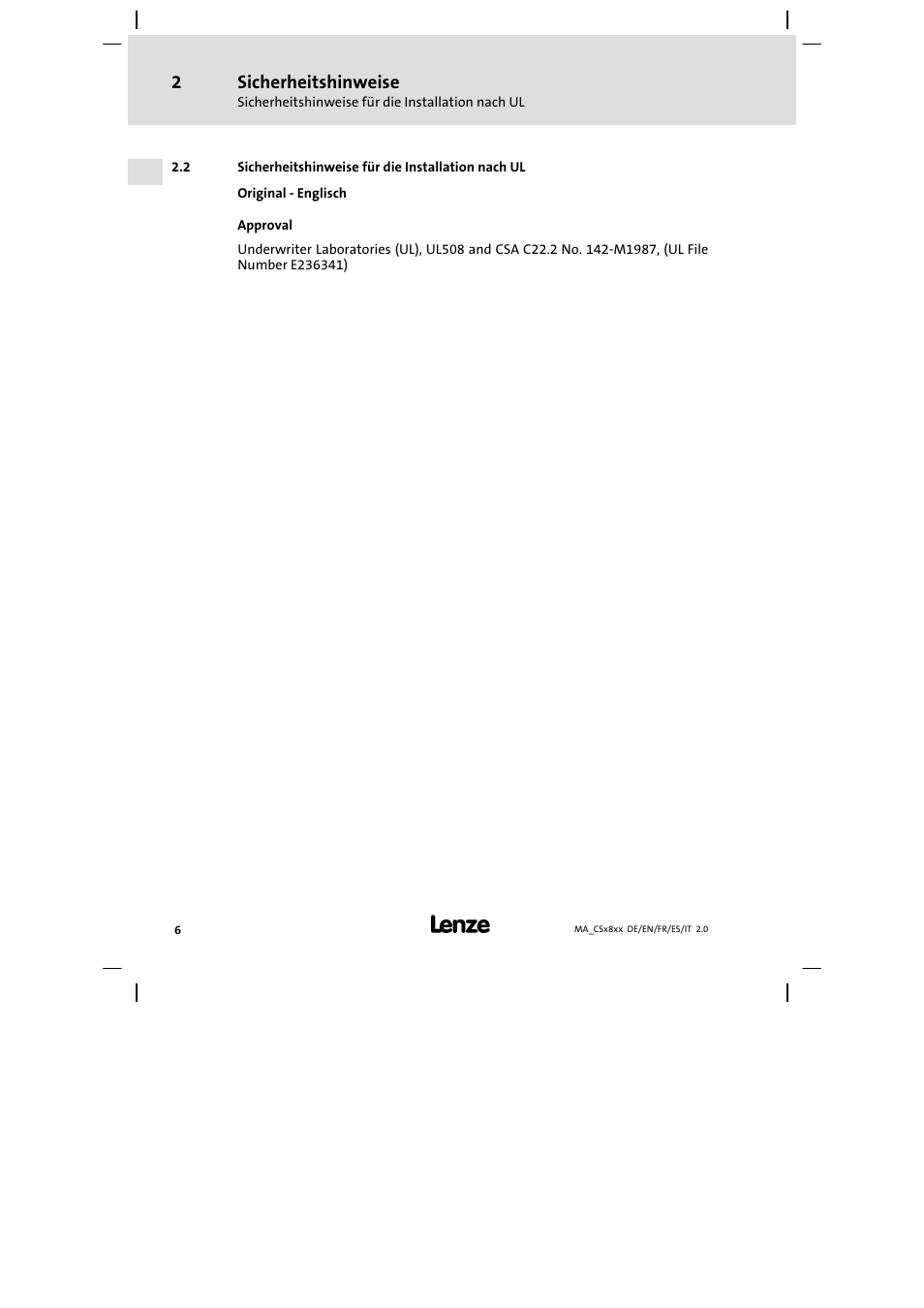 Sicherheitshinweise für die installation nach ul, Sicherheitshinweise | Lenze CS9800 Mounting Instructions User Manual | Page 6 / 89