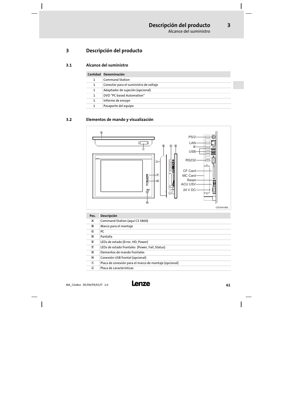 Descripción del producto, Alcance del suministro, Elementos de mando y visualización | 3descripción del producto | Lenze CS9800 Mounting Instructions User Manual | Page 61 / 89