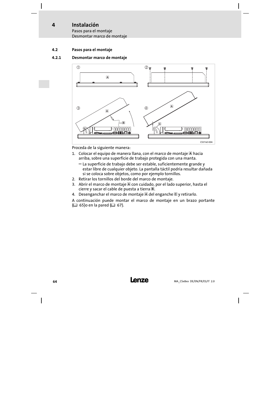 Pasos para el montaje, Desmontar marco de montaje, Instalación | Lenze CS9800 Mounting Instructions User Manual | Page 64 / 89
