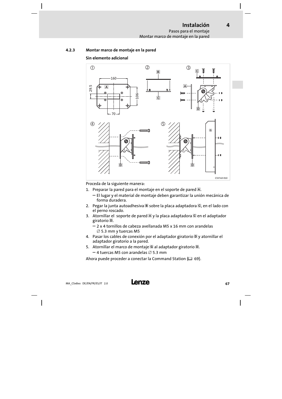 Montar marco de montaje en la pared, Instalación | Lenze CS9800 Mounting Instructions User Manual | Page 67 / 89