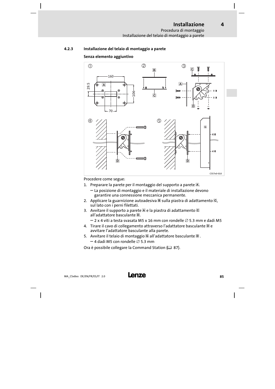 Installazione del telaio di montaggio a parete, Installazione | Lenze CS9800 Mounting Instructions User Manual | Page 85 / 89