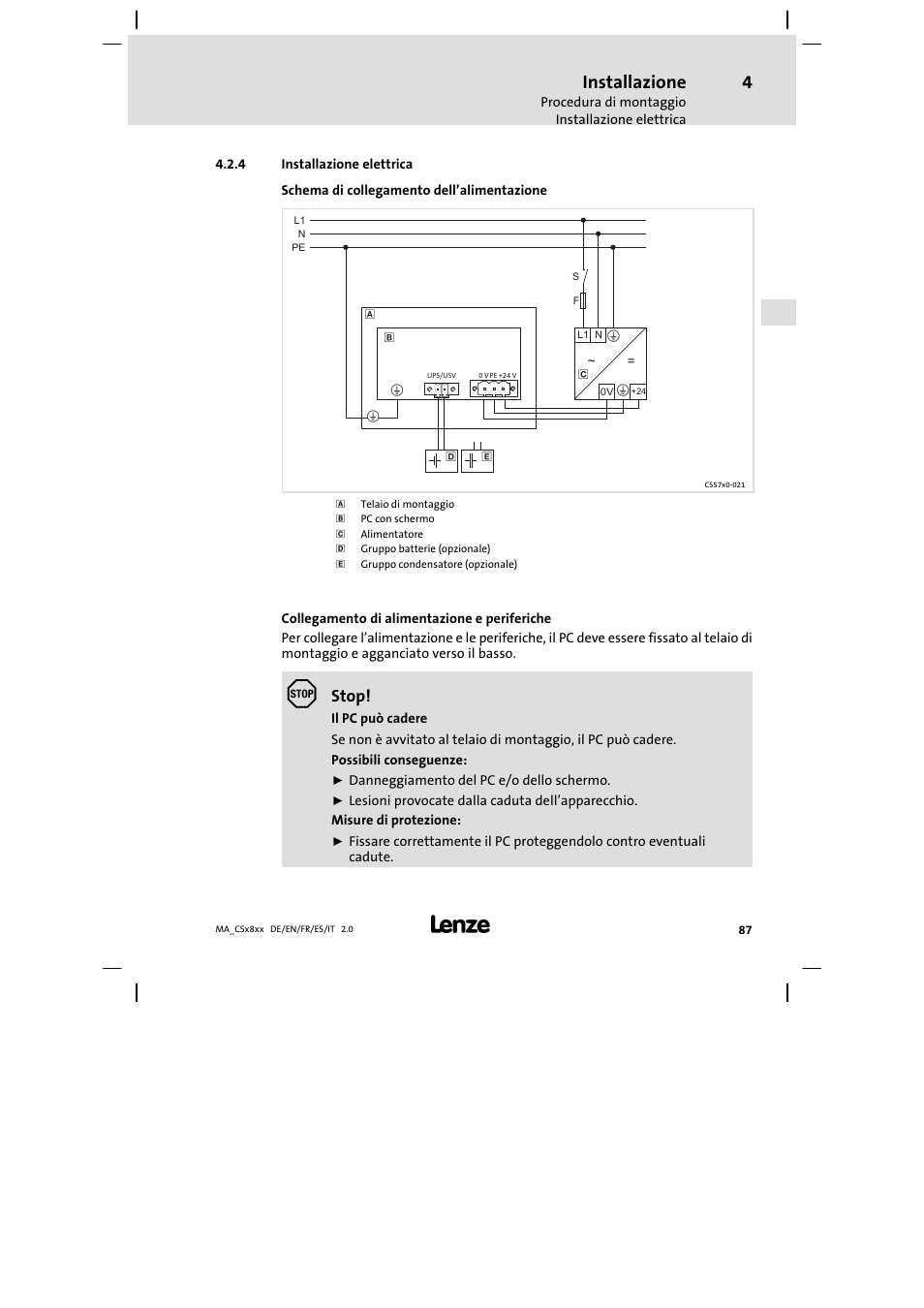 Installazione elettrica, Installazione, Stop | Lenze CS9800 Mounting Instructions User Manual | Page 87 / 89