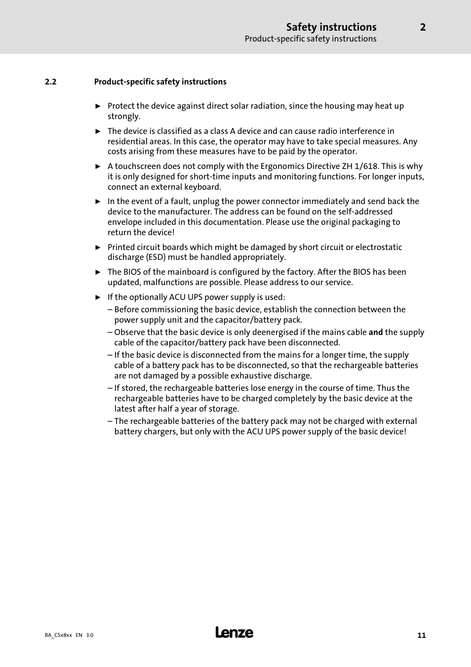Product-specific safety instructions, Product−specific safety instructions, Safety instructions | Lenze CS9800 Operating Instructions User Manual | Page 11 / 60