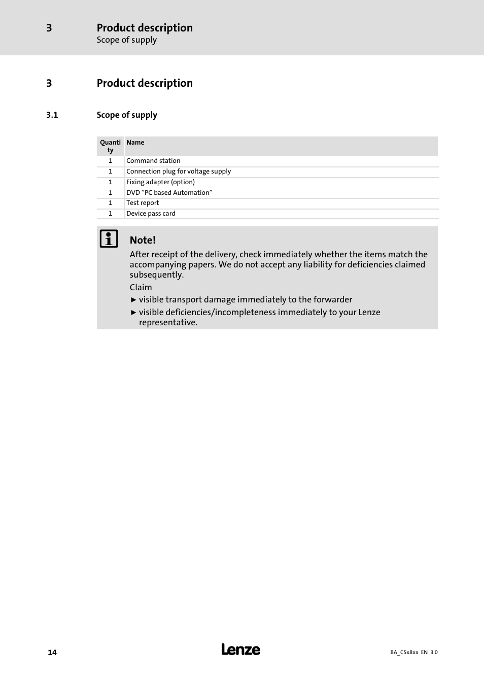 Product description, Scope of supply, 3product description | Lenze CS9800 Operating Instructions User Manual | Page 14 / 60