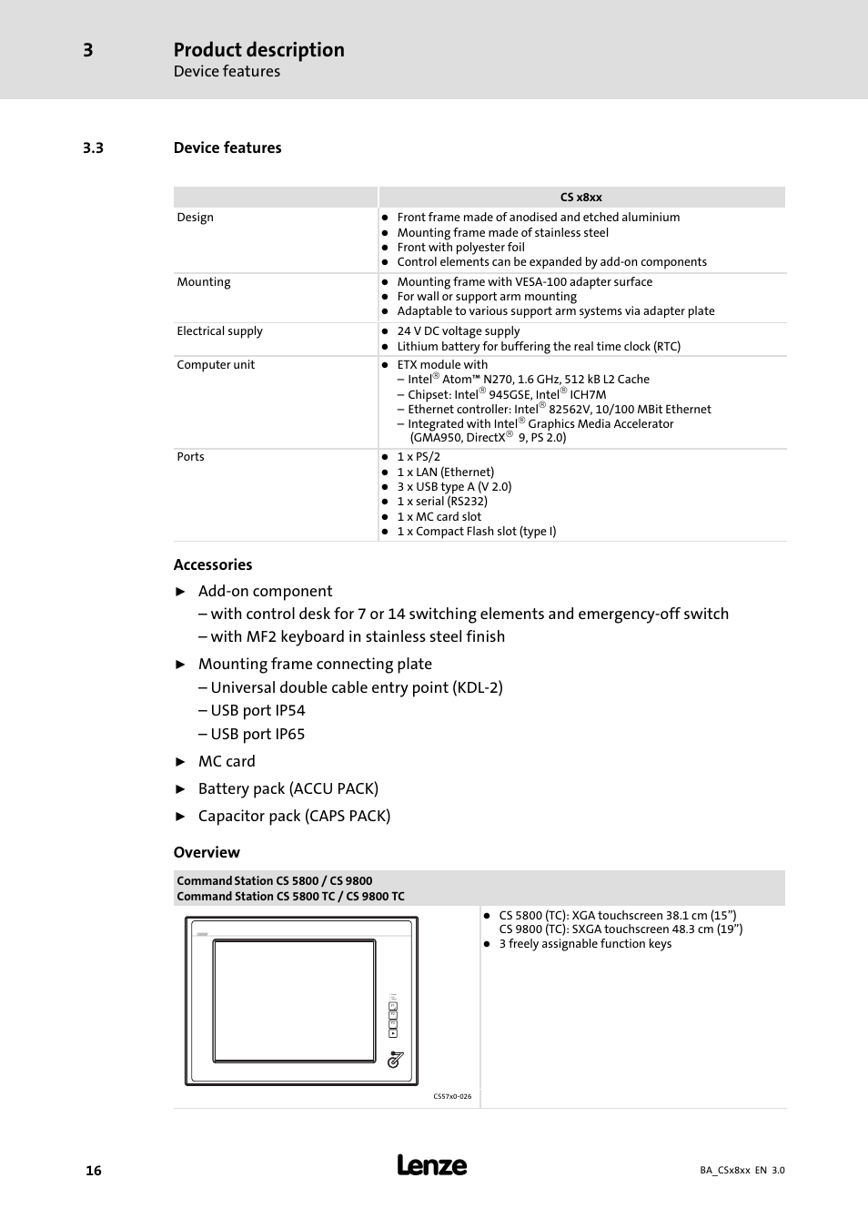 Device features, Product description, 3 device features | Accessories, Mc card, Battery pack (accu pack), Capacitor pack (caps pack) overview | Lenze CS9800 Operating Instructions User Manual | Page 16 / 60