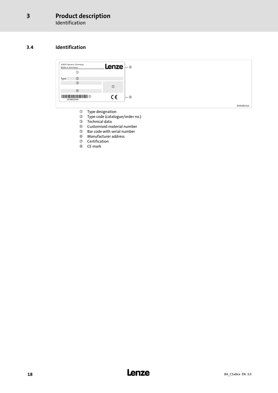 Identification, Product description | Lenze CS9800 Operating Instructions User Manual | Page 18 / 60