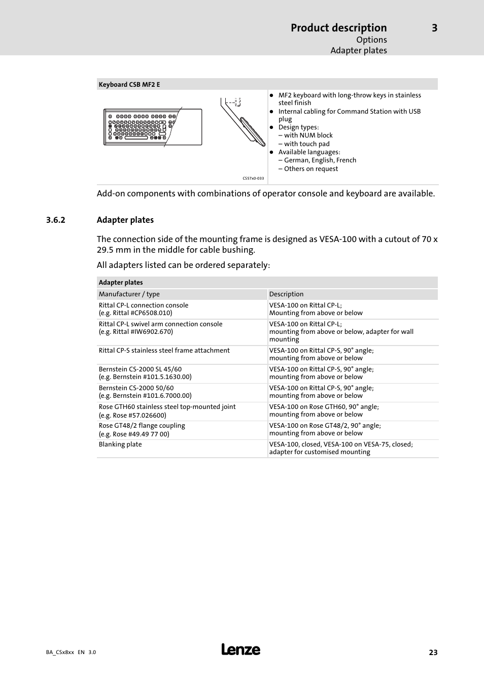 Adapter plates, Product description, Options adapter plates | Strg alt, Altgr strg strg, Rollen druck entf pos, Einfg, Keyboard csb mf2 e, Internal cabling for command station with usb plug, Design types: – with num block – with touch pad | Lenze CS9800 Operating Instructions User Manual | Page 23 / 60