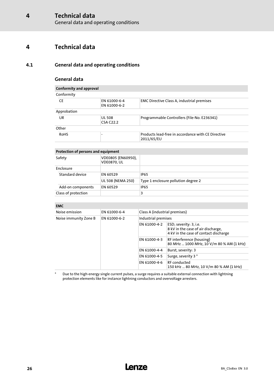 Technical data, General data and operating conditions, 4technical data | Lenze CS9800 Operating Instructions User Manual | Page 26 / 60