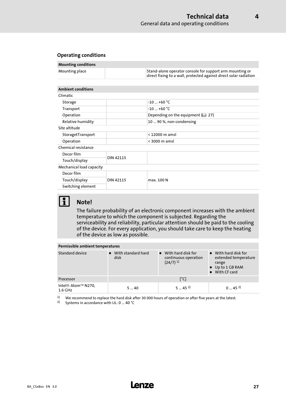 Technical data | Lenze CS9800 Operating Instructions User Manual | Page 27 / 60