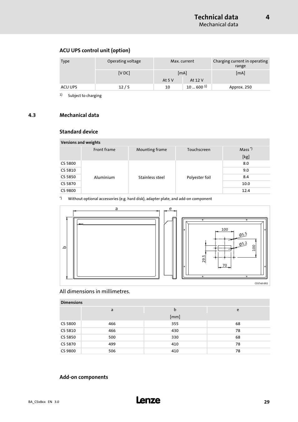 Mechanical data, Technical data | Lenze CS9800 Operating Instructions User Manual | Page 29 / 60