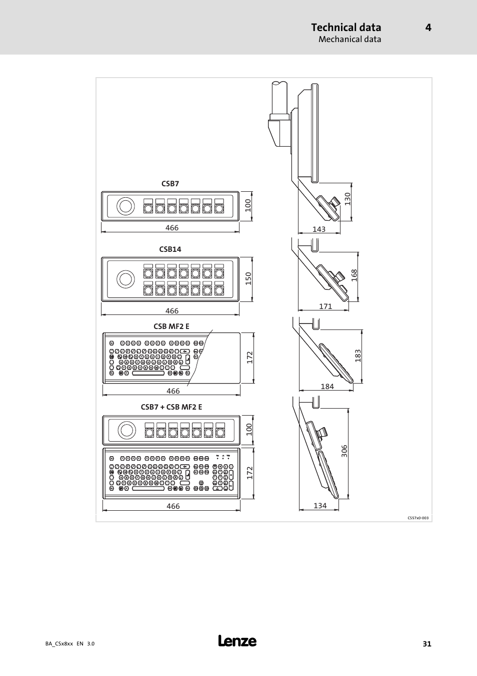 Technical data, Mechanical data, Ba_csx8xx en 3.0 | Lenze CS9800 Operating Instructions User Manual | Page 31 / 60