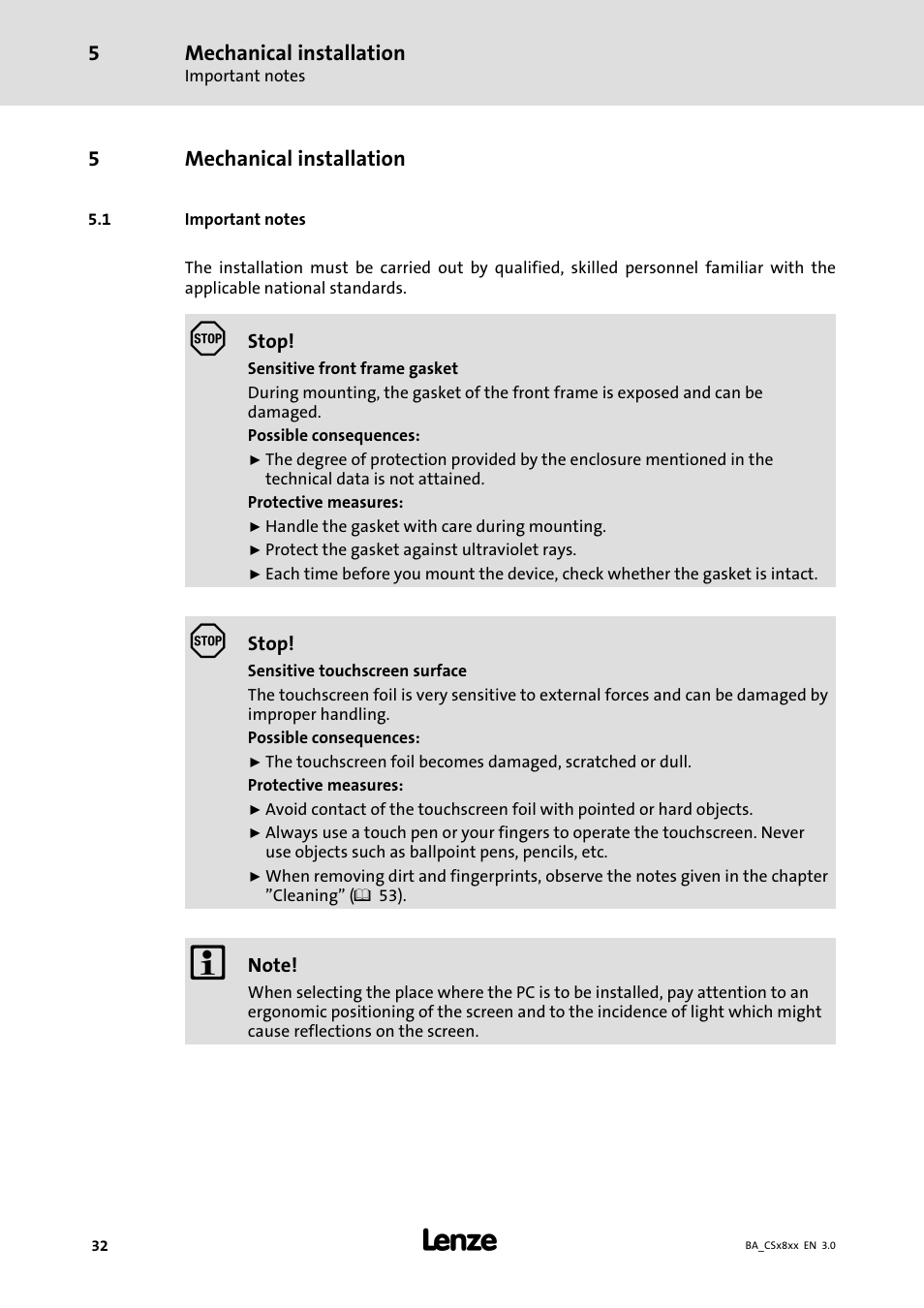 Mechanical installation, Important notes | Lenze CS9800 Operating Instructions User Manual | Page 32 / 60