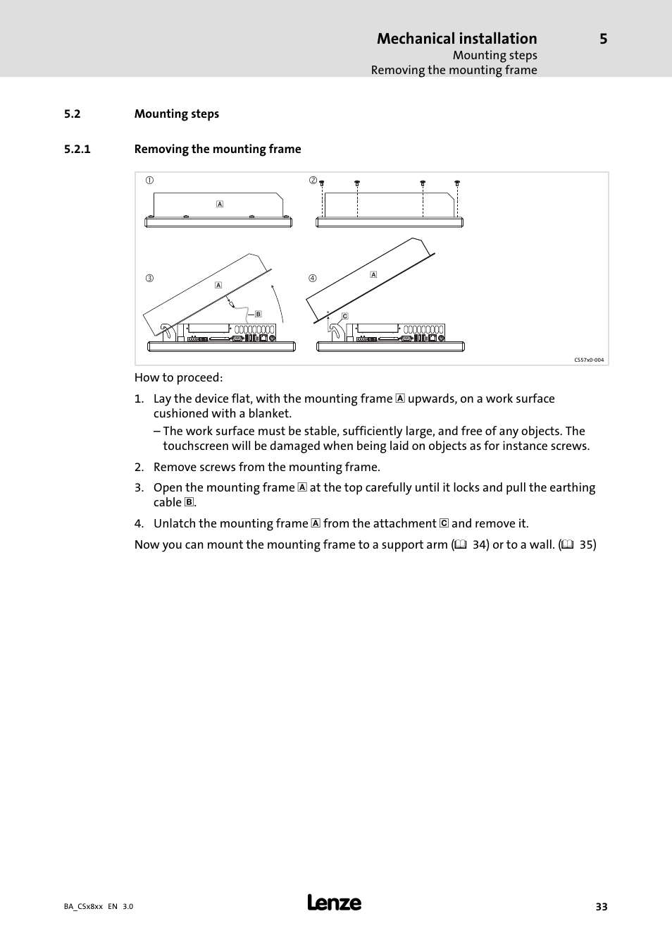 Mounting steps, Removing the mounting frame, Mechanical installation | Lenze CS9800 Operating Instructions User Manual | Page 33 / 60