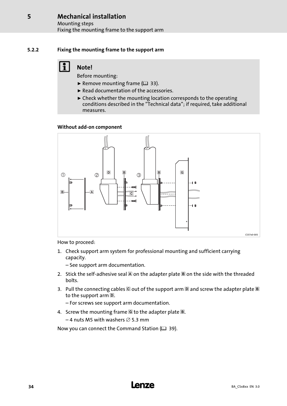 Fixing the mounting frame to the support arm, Mechanical installation | Lenze CS9800 Operating Instructions User Manual | Page 34 / 60