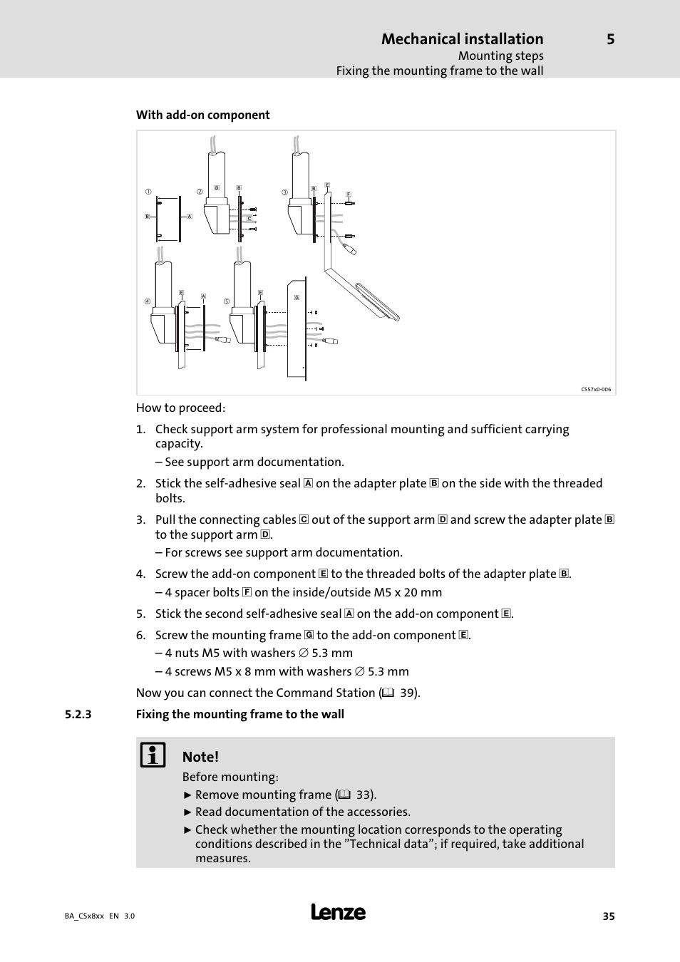 Fixing the mounting frame to the wall, Mechanical installation | Lenze CS9800 Operating Instructions User Manual | Page 35 / 60