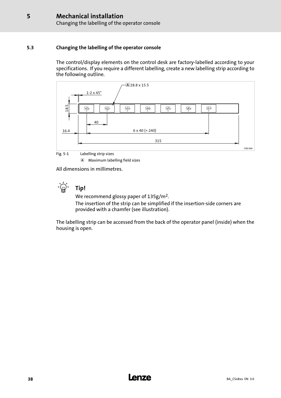 Changing the labelling of the operator console, Mechanical installation | Lenze CS9800 Operating Instructions User Manual | Page 38 / 60