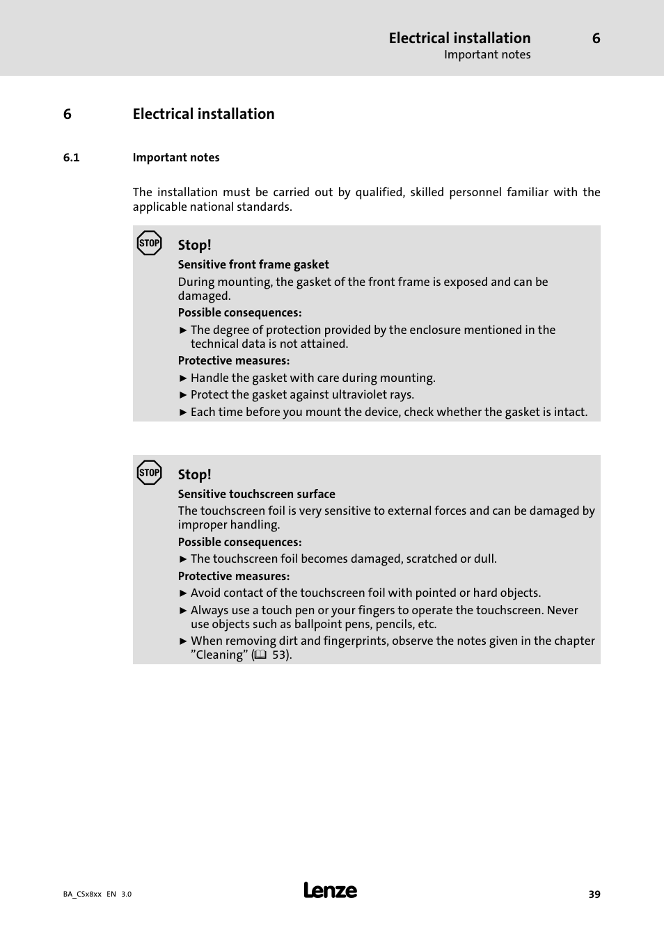 Electrical installation, Important notes | Lenze CS9800 Operating Instructions User Manual | Page 39 / 60