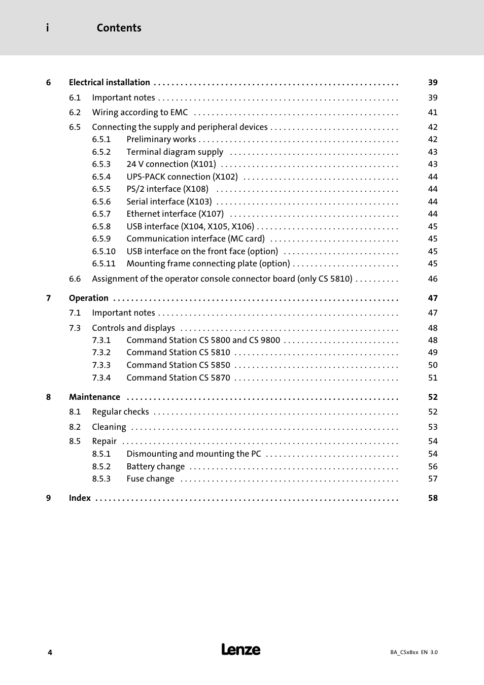 Contents i | Lenze CS9800 Operating Instructions User Manual | Page 4 / 60