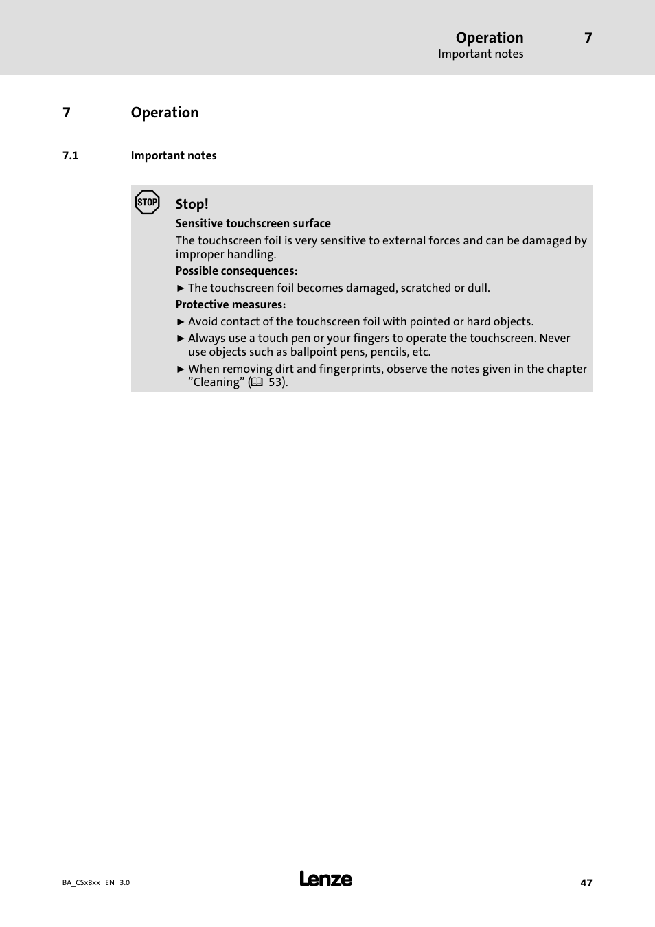 Operation, Important notes | Lenze CS9800 Operating Instructions User Manual | Page 47 / 60