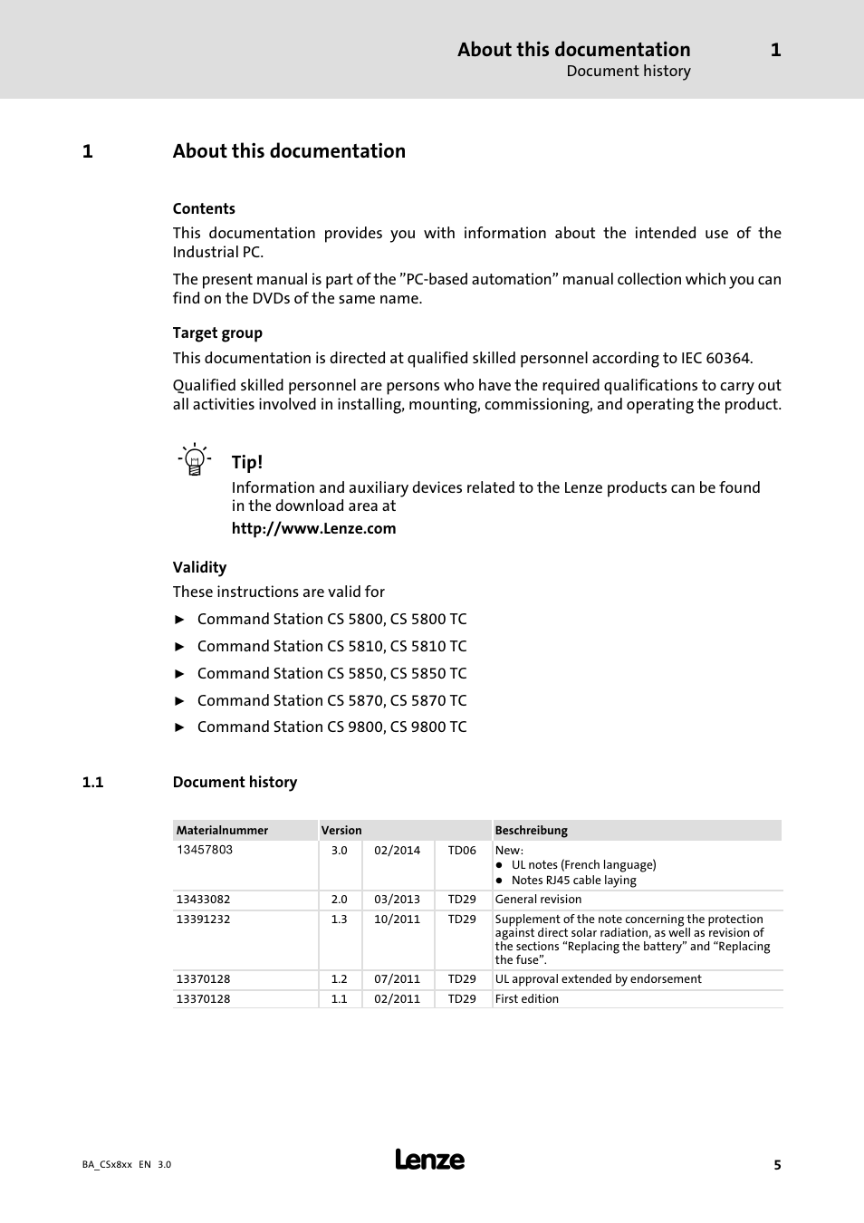 About this documentation, Document history, 1about this documentation | Lenze CS9800 Operating Instructions User Manual | Page 5 / 60