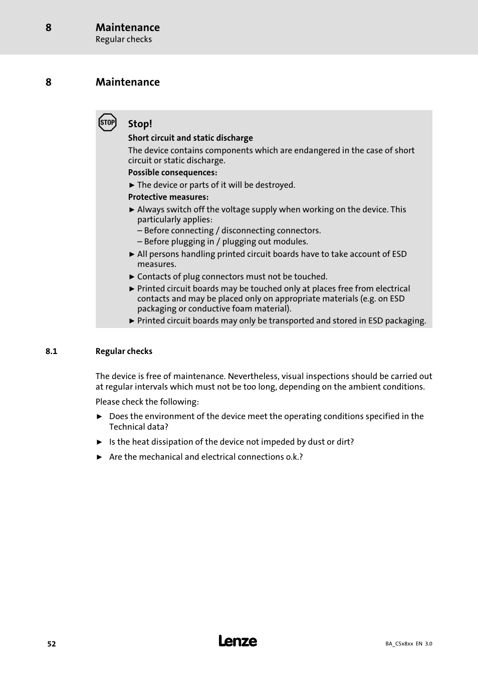 Maintenance, Regular checks, 8maintenance | Lenze CS9800 Operating Instructions User Manual | Page 52 / 60