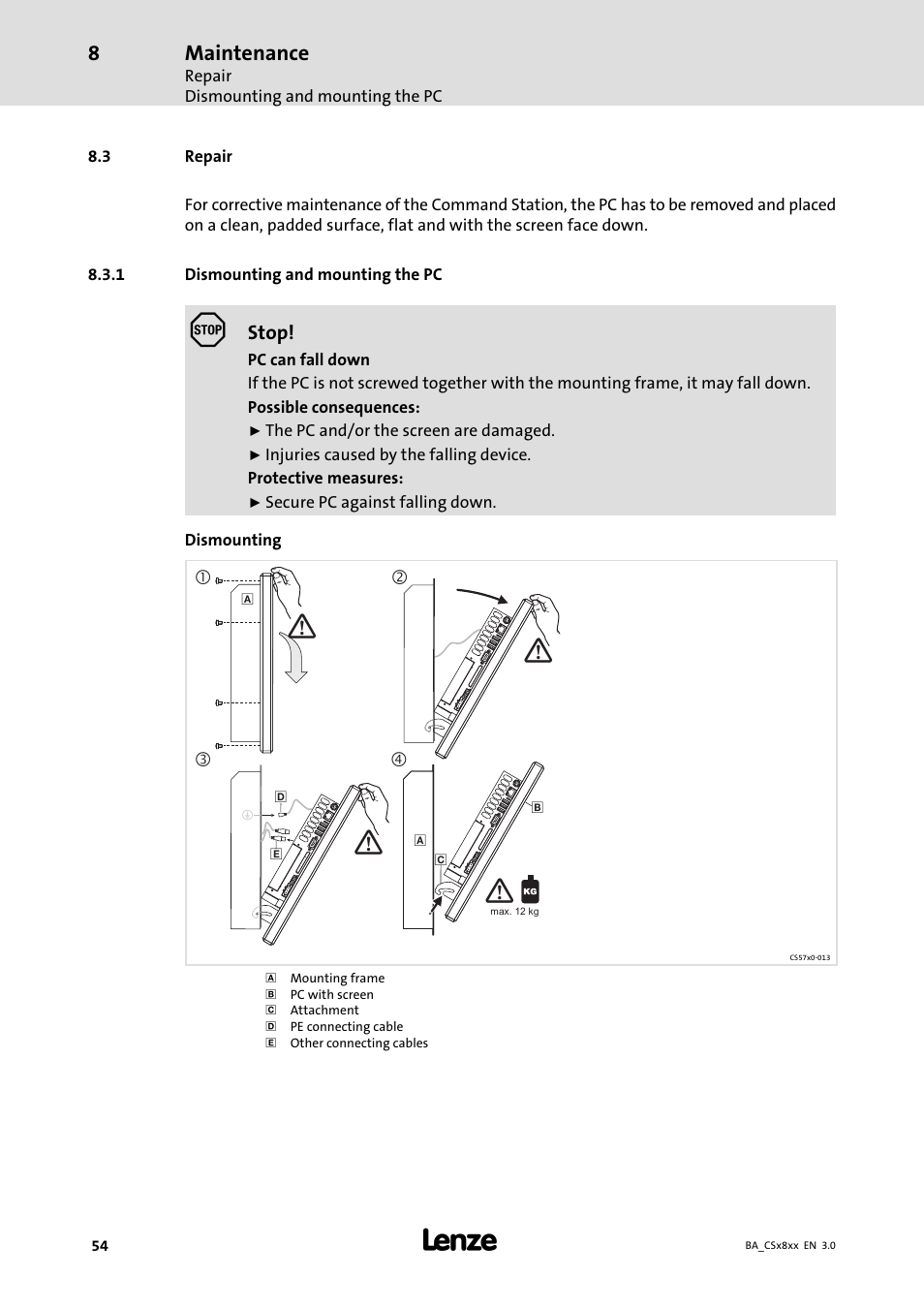 Repair, Dismounting and mounting the pc, Maintenance | Lenze CS9800 Operating Instructions User Manual | Page 54 / 60