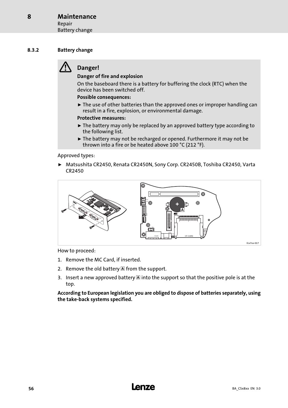 Battery change, Maintenance, Danger | Repair battery change, 2 battery change | Lenze CS9800 Operating Instructions User Manual | Page 56 / 60