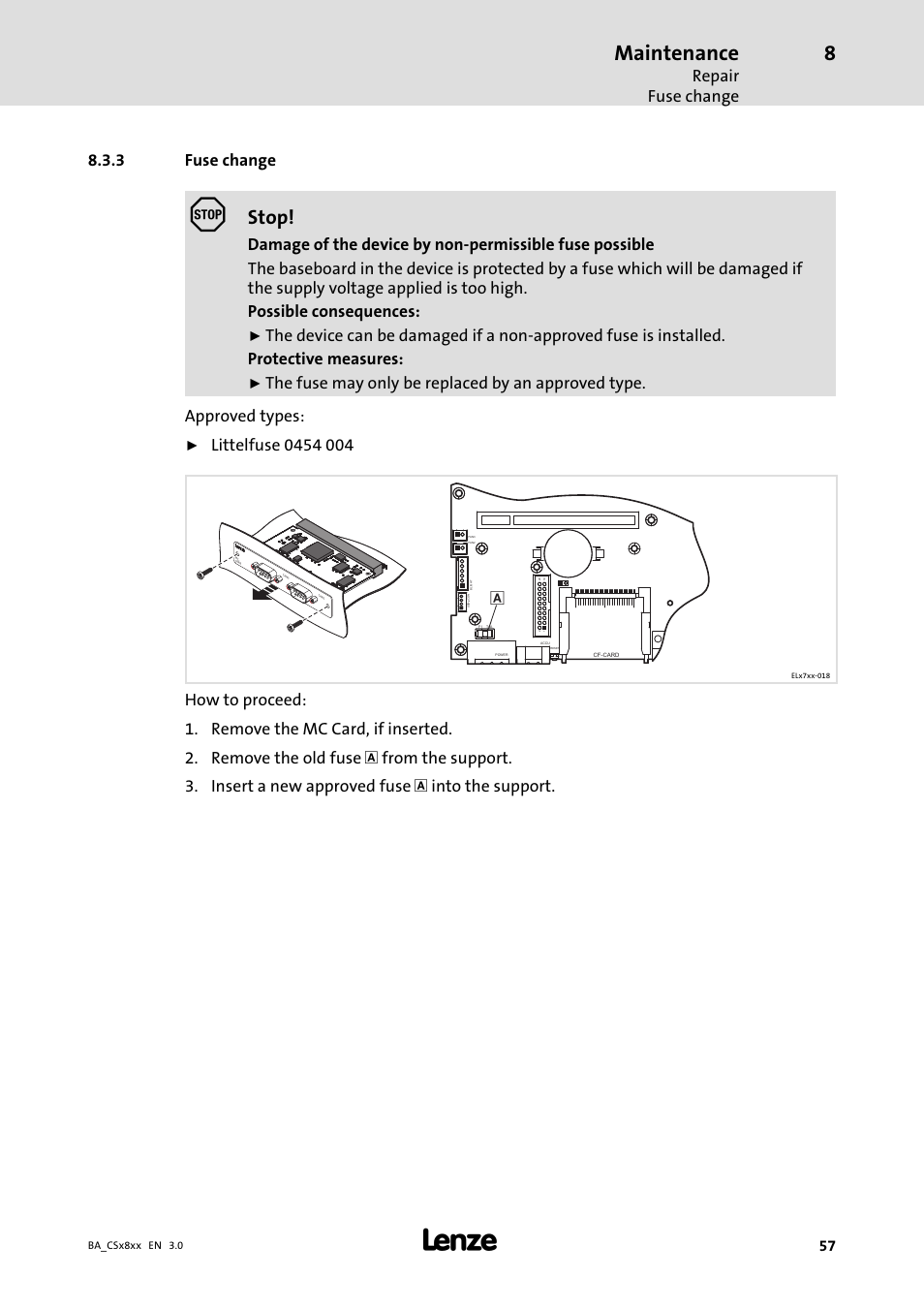 Fuse change, Maintenance, Stop | Repair fuse change, 3 fuse change | Lenze CS9800 Operating Instructions User Manual | Page 57 / 60