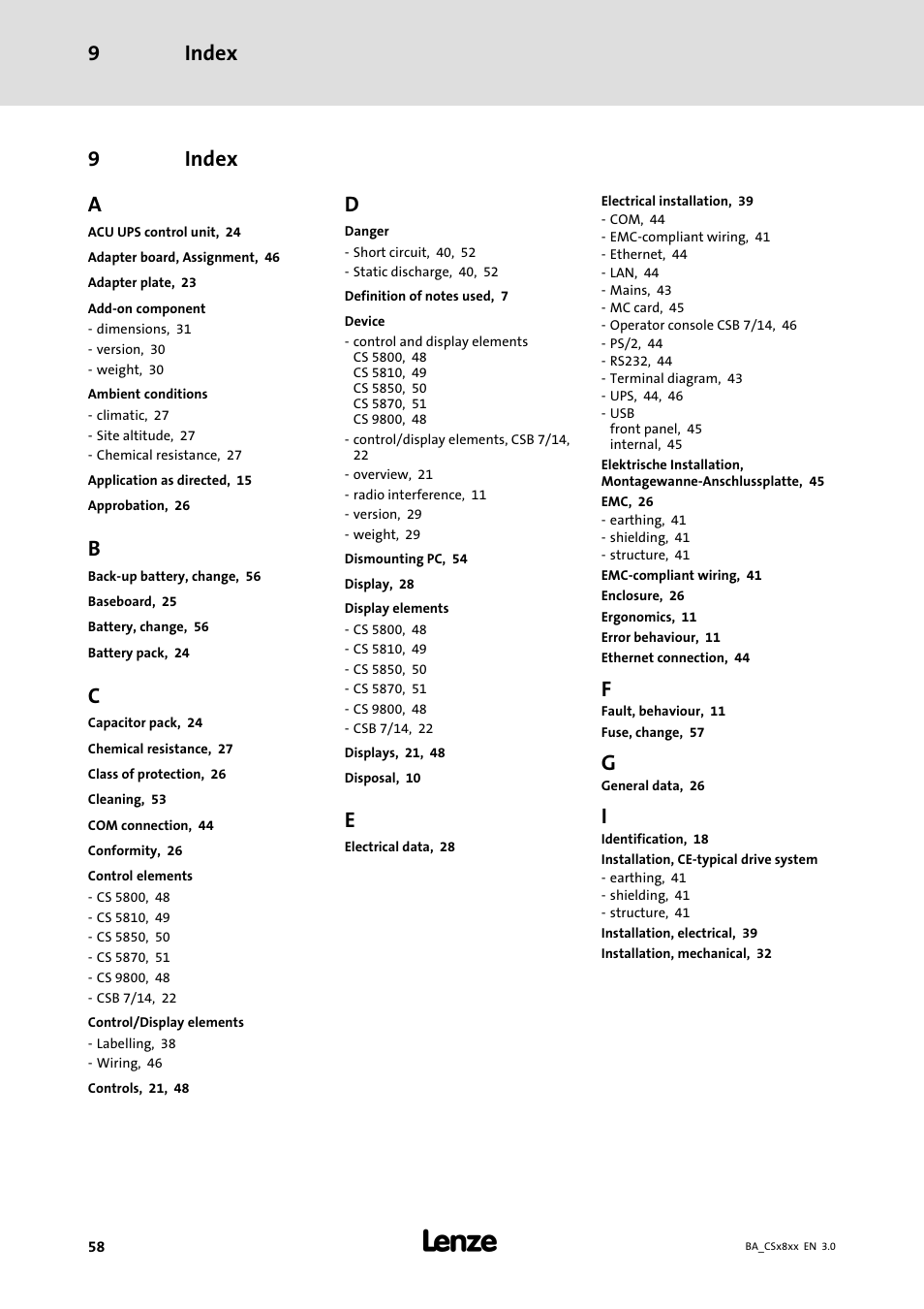 Index, Index 9, 9index a | Lenze CS9800 Operating Instructions User Manual | Page 58 / 60