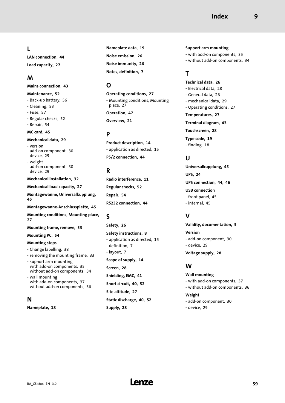 Index 9 | Lenze CS9800 Operating Instructions User Manual | Page 59 / 60