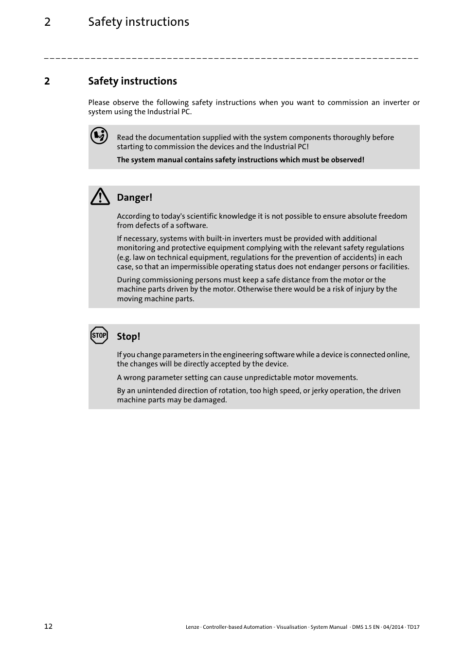 2 safety instructions, Safety instructions, 2safety instructions | Lenze Controller-based Automation User Manual | Page 12 / 63