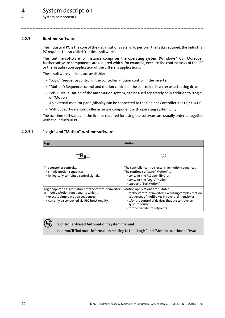 3 runtime software, 1 "logic" and "motion" runtime software, Runtime software | Logic" and "motion" runtime software, 4system description | Lenze Controller-based Automation User Manual | Page 20 / 63