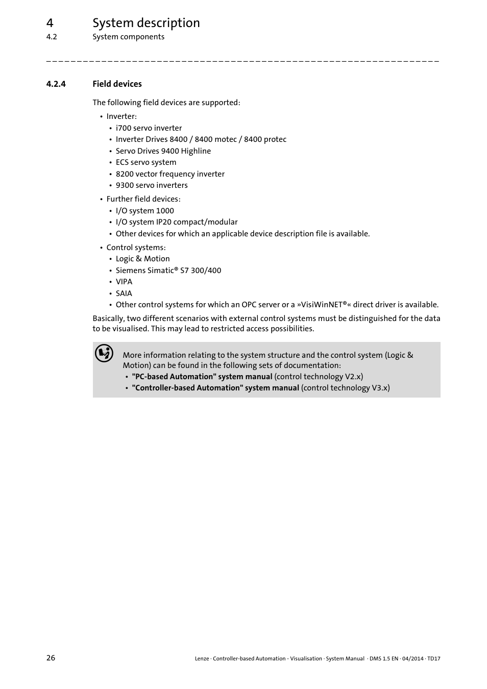 4 field devices, Field devices, 4system description | Lenze Controller-based Automation User Manual | Page 26 / 63