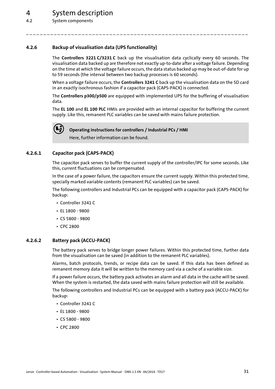 6 backup of visualisation data (ups functionality), 1 capacitor pack (caps-pack), 2 battery pack (accu-pack) | Backup of visualisation data (ups functionality), Capacitor pack (caps-pack), Battery pack (accu-pack), 4system description | Lenze Controller-based Automation User Manual | Page 31 / 63