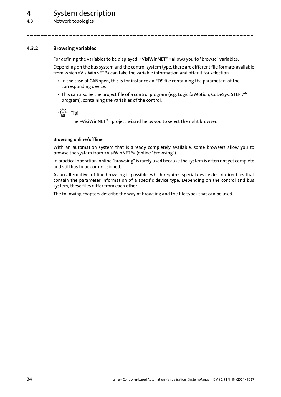 2 browsing variables, Browsing variables, 4system description | Lenze Controller-based Automation User Manual | Page 34 / 63