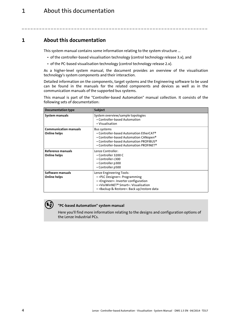 1 about this documentation, About this documentation, 1about this documentation | Lenze Controller-based Automation User Manual | Page 4 / 63