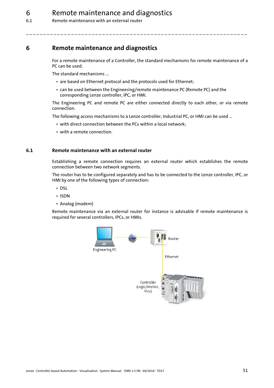 6 remote maintenance and diagnostics, 1 remote maintenance with an external router, Remote maintenance and diagnostics | Remote maintenance with an external router, 6remote maintenance and diagnostics | Lenze Controller-based Automation User Manual | Page 51 / 63