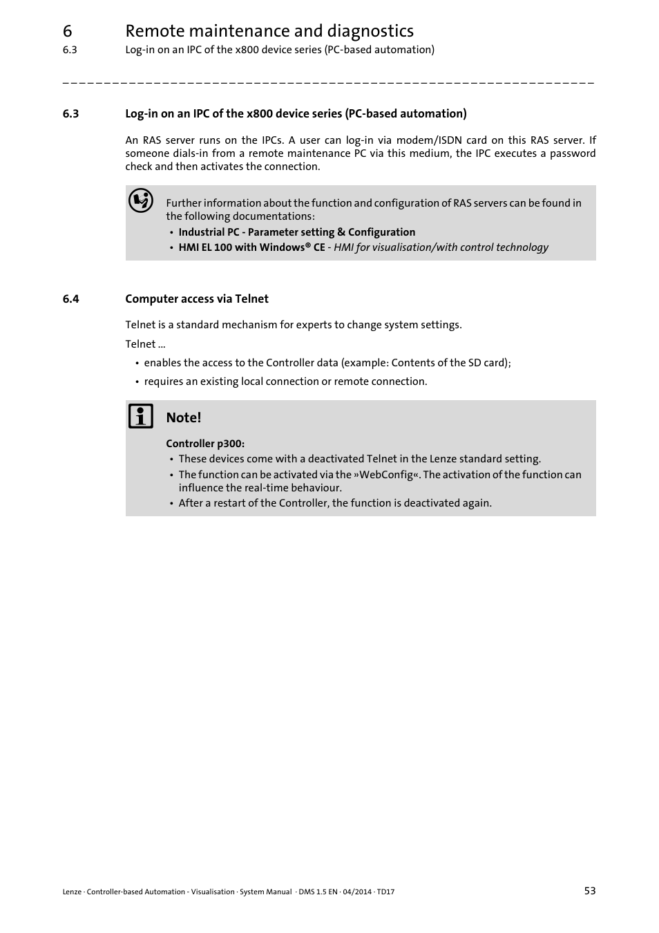 4 computer access via telnet, Computer access via telnet, 6remote maintenance and diagnostics | Lenze Controller-based Automation User Manual | Page 53 / 63