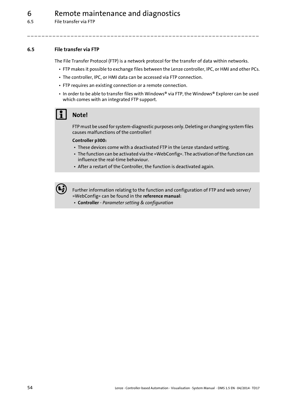 5 file transfer via ftp, File transfer via ftp, 6remote maintenance and diagnostics | Lenze Controller-based Automation User Manual | Page 54 / 63
